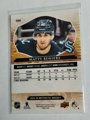 23-24 Artifacts Matty Beniers #104 Pink Seattle Kraken 14/35 back